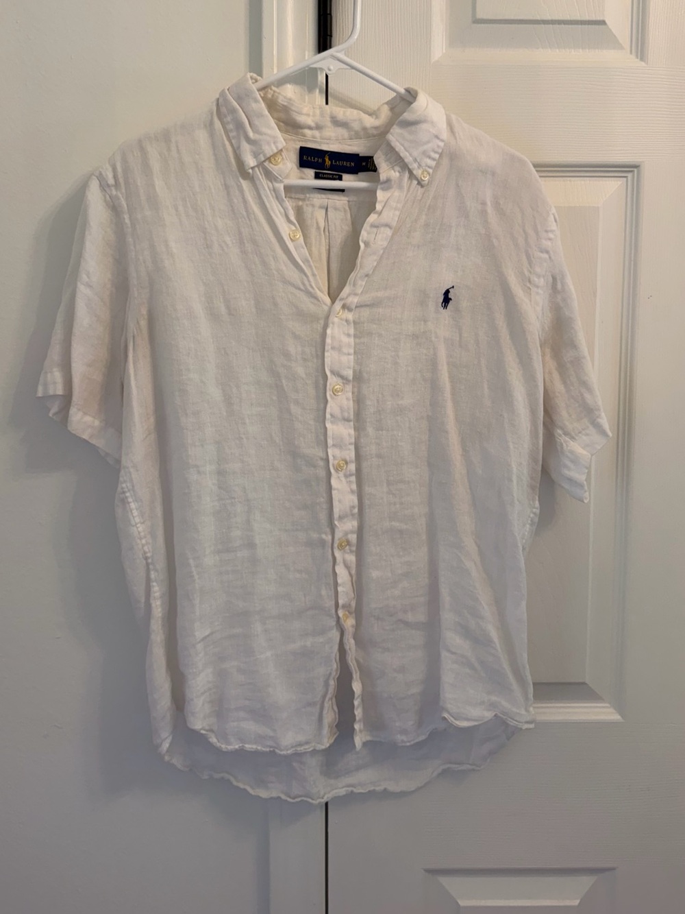 Polo by Ralph Lauren White Short-Sleeve Linen Button-Down Shirt with Navy Pony